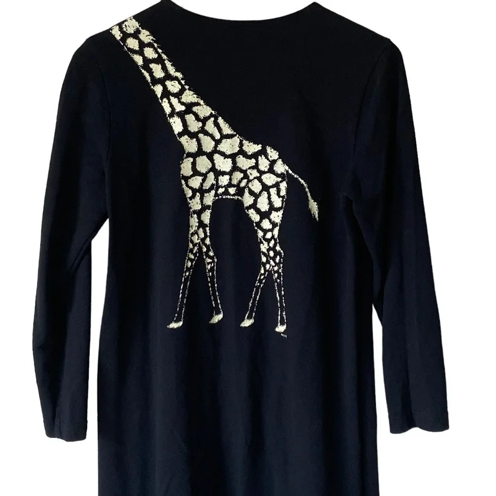 Vintage Cité Black Art To Wear Giraffe Graphic Print Long Sleeve Maxi Dress USA - Picture 4 of 15